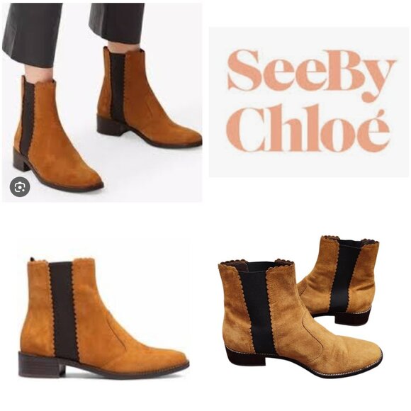 See By Chloe Tan Suede Ankle Boots Women’s Size 41 US 10 Scalloped Trim - Picture 1 of 13